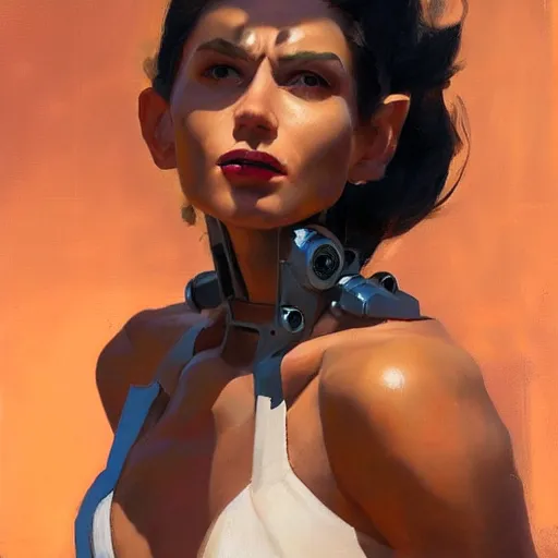 Image similar to Greg Manchess portrait painting of a woman cyborg, medium shot, asymmetrical, profile picture, Organic Painting, sunny day, Matte Painting, bold shapes, hard edges, street art, trending on artstation, by Huang Guangjian and Gil Elvgren and Sachin Teng