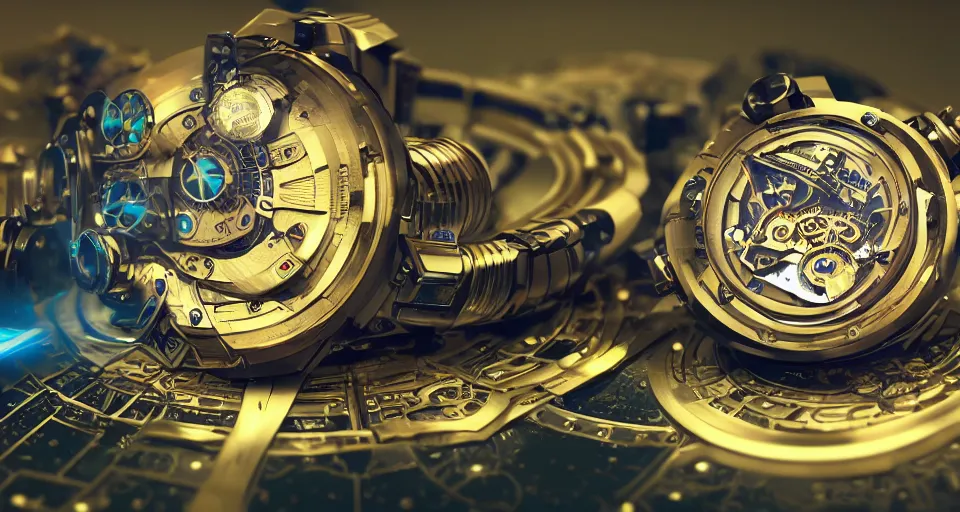 Image similar to complex 3 d render of a futuristic steampunk watch lying on a table, high detail, sharp focus, glowing blue interior components, fractal detail, depth of field, bokeh, cinematic lighting and composition, octane render, film grain, by syd mead and greg rutkowski and android jones, rolex