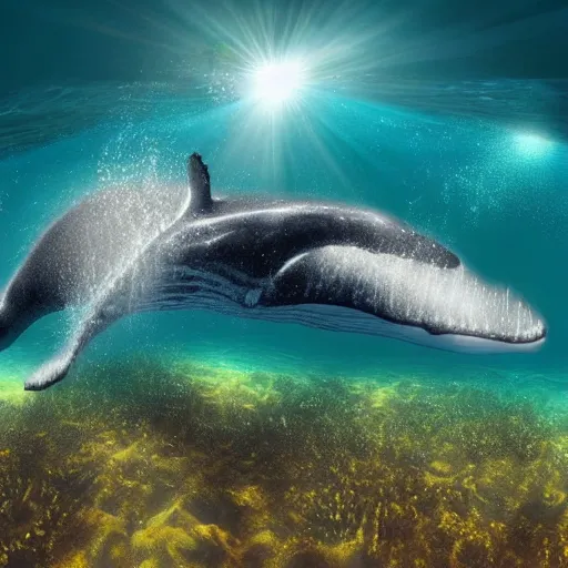 Prompt: a pod of 12 whales underwater, the sun shines through the water, highly detailed, ultra realistic