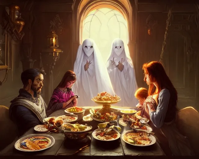 Image similar to a ghost looking at a family eating dinner, deep focus, d & d, fantasy, intricate, elegant, highly detailed, digital painting, artstation, concept art, matte, sharp focus, illustration, hearthstone, art by artgerm and greg rutkowski and alphonse mucha