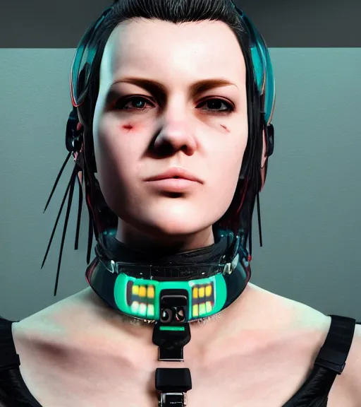 Image similar to detailed realistic female character cyberpunk wearing thick technological collar around neck, realistic, art, beautiful, 4K, collar, choker, collar around neck, punk, artstation, detailed, female, woman, choker, cyberpunk, neon, punk, collar, choker, collar around neck, thick collar, tight around neck, punk,