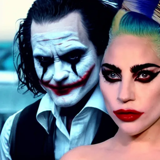 Image similar to ultra realistic candid photograph from joaquin phoenix with lady gaga in new joker movie footage's, intricate details, face details