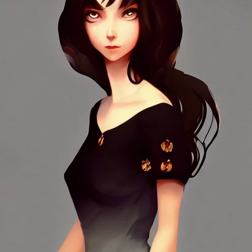 Image similar to , a beautiful woman with dark brown hair wearing a black dress, fantasy, by lois van baarle, Ilya Kuvshinov, Stanley Artgerm Lau, WLOP, Rossdraws, trending on artstation,