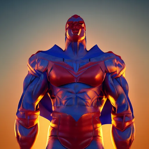 Image similar to muscular hero wearing a cobalt cape with a powershell logo on chest, skin texture, clothing, 3d sculpture, textured, fine detail, lifelike, photo, high resolution, octane render, post processing, after effects, trending on artstation