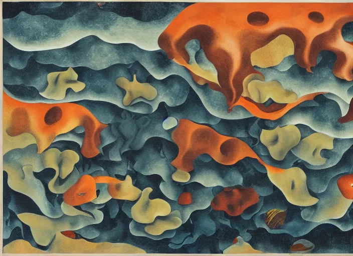 Image similar to an underwater landscape painted by georgia o'keeffe, mc escher, gordon onslow ford and ippolito caffi,