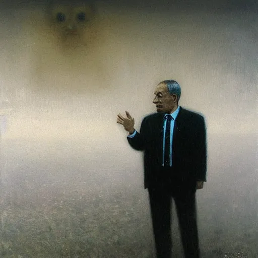 Image similar to the maddening silence of benjamin netanyahu, painting by beksinski