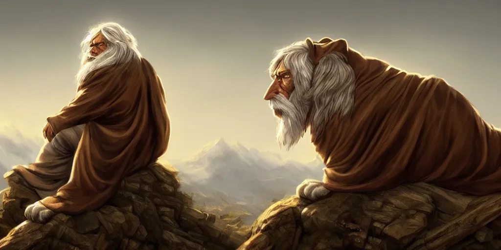 Prompt: hooded wise old man ( long white beard wearing a brown hooded tunic ) sitting on a lions back, majestic, epic digital art, cinematic, trending on artstation, superb detail 8 k, wide - angle, masterpiece