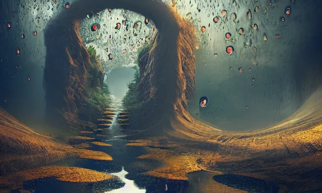 Image similar to beautiful picture of a magical vertical cylindrical tunnel made of big upside-down raindrops joining a dried up river with the sun, highly-detailed, fantastic, dramatic lighting, artstation, 4k