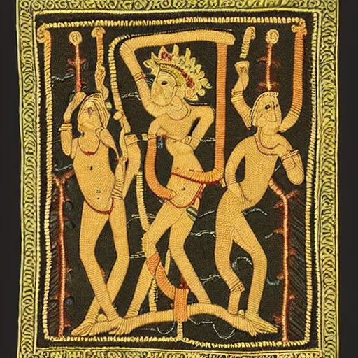 Image similar to adam, eve and the serpent, detailed, intricate embroidery, style of hindu scripts, india, 1 0 0 bc