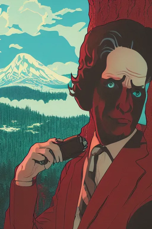 Prompt: Twin Peaks book movie poster artwork by Tomer Hanuka Rendering of the evil Bob from Twin Peaks, full of details, by Makoto Shinkai and thomas kinkade, Matte painting, trending on artstation and unreal engine