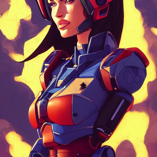 Image similar to a portrait of a stunning beautiful elite megan fox gundam pilot, with an intricate, detailed, urban inspired hiphop afro futuristic helmet, vector behance hd jesper ejsing, rhads, makoto shinkai, lois van baarle, ilya kuvshinov, rossdraws, hd, 3 2 k, ilya kuvshinov, gustav klimt