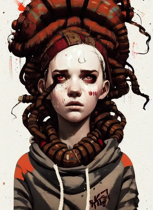 Prompt: highly detailed portrait of a sewer punk lady, tartan hoody, ringlet hair by atey ghailan, by greg rutkowski, by greg tocchini, by james gilleard, by joe fenton, by kaethe butcher, gradient red, brown, cream and white color scheme, grunge aesthetic!!! ( ( graffiti tag wall background ) )
