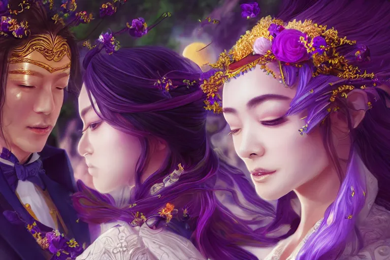 Image similar to a cinematic portrait of wedding photograph jpeg close up moment of a divine a japan sun god and moon goddess lovers magician at a wedding banquet. portraiture. digital painting. artstation. concept art. fantasy wedding photo. digital painting, 8 k realistic, hyper detailed, violet evergarden art masterpiece by art by krenz cushart