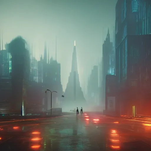 Prompt: in a city with a rich history, the huge building stands in the middle, the road is full of ghosts, blade runner 2 0 4 9, highly detailed, cinematic landscape ， foggy ， octane render ， trending on behance,