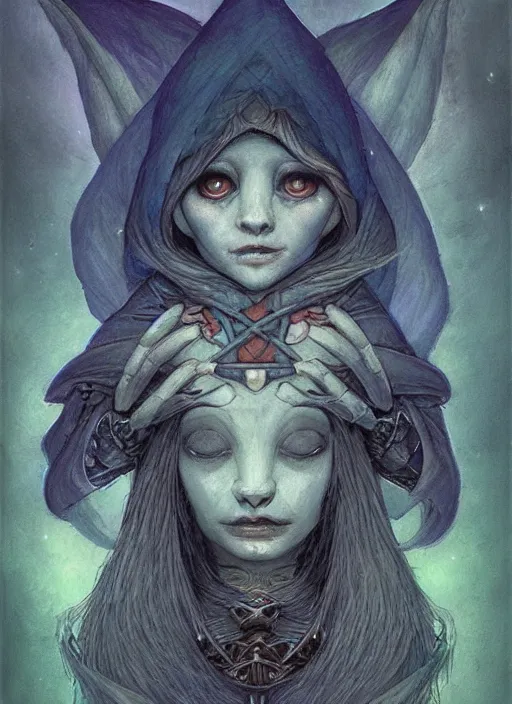 Image similar to portrait of female gnome necromancer, night sky background, beautiful! coherent! by brom, by brian froud, deep color, strong line, high contrast