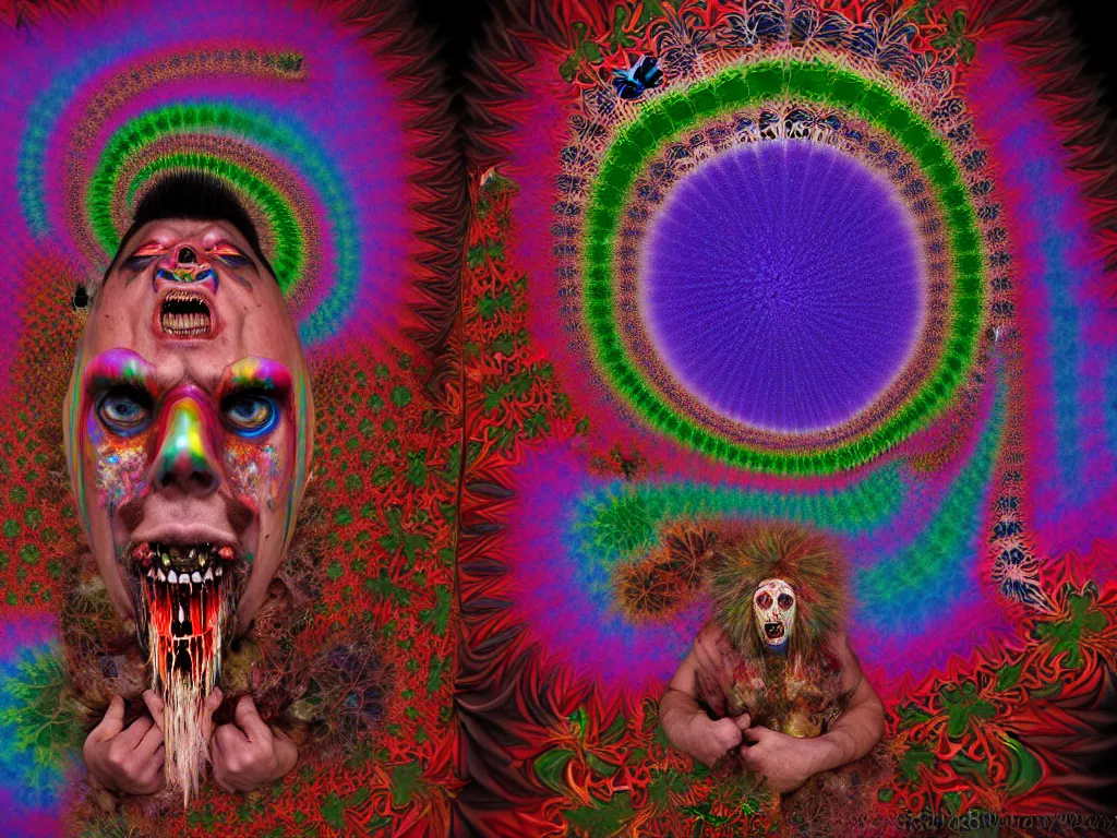 Prompt: a fractal kaleidoscope portrait of a beautiful colorful ( flesh - eating ) yamazaku covered in rainbow fur, eating the leg of a screaming man, ground covered in maggots, schizophrenic hallucination, fear, morbid, nightmare, supernatural, 8 k, hd photography, highly detailed, chiaroscuro, terrifying