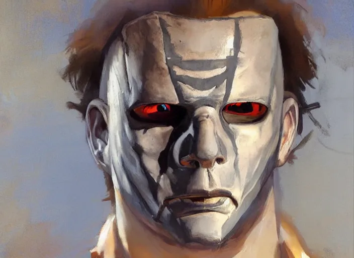 Prompt: a highly detailed beautiful portrait of michael myers by gregory manchess, james gurney, james jean