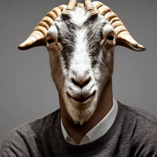 Image similar to A man with a goat head, photorealistic, film still