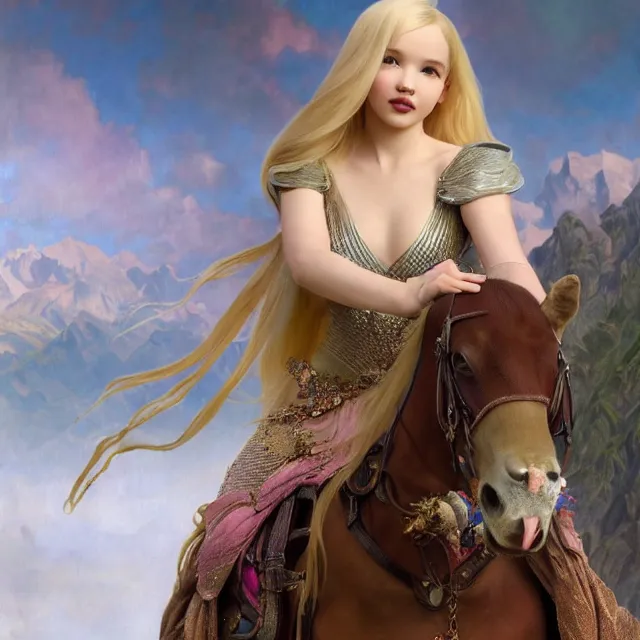 Prompt: dove cameron with long blonde hair wearing scale mail, riding a horse in the mountains on a dark and stormy day, rtx rendering, octane render 1 2 8 k, maya, extreme high intricate details by wlop, medium shot, composition by by frank frazetta and alphonse mucha, oil on canvas, bright colors, art nouveau