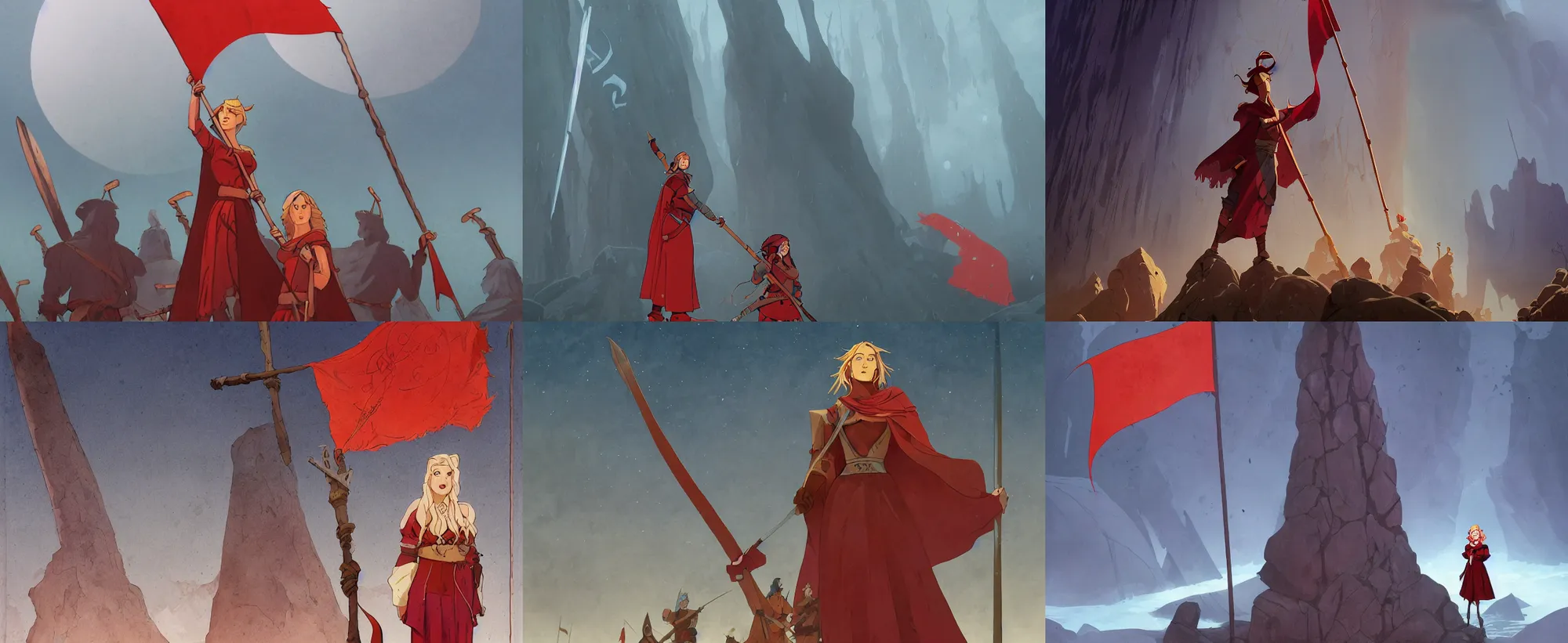Prompt: Alette from Banner Saga standing in front of giant a rune stone, holding an extremely long red banner, nordic, epic, melancholic, perfect face, concept art, illustration, cover art, art by Greg Rutkowski and Eyvind Earle and Ralph Bakshi and Don Bluth