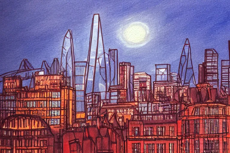 Image similar to color sketch of the london skyline, highly detailed, dramatic lighting, intense shadows, rich deep colours, by rupi kaur