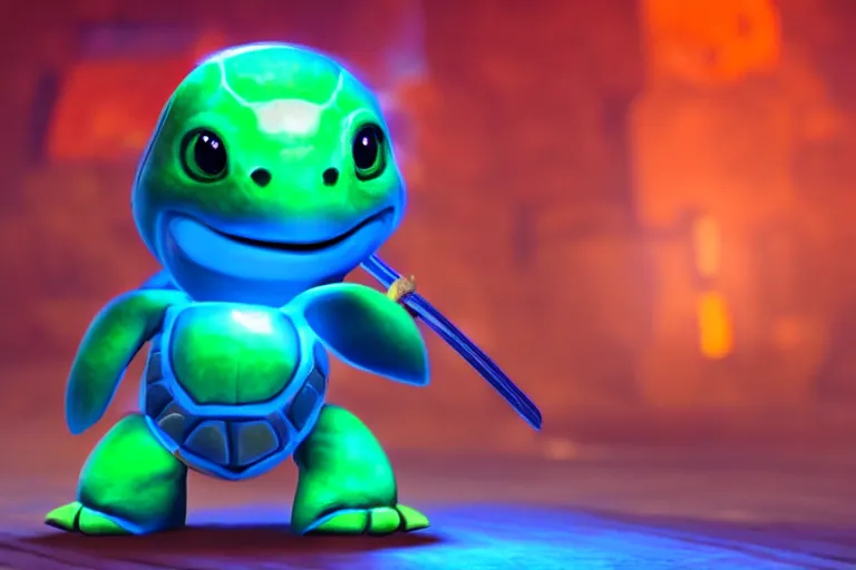 Prompt: a cute little chibi turtle with swords standing, dramatic led lights in blue and orange, unreal engine, 8k, pixar style