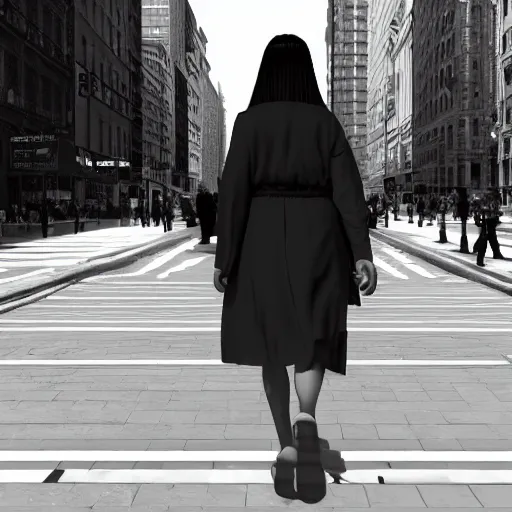 Image similar to 3 d render of mona lisa the person, walking down the street of new york city