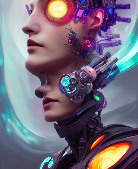 Image similar to whirlwind souls rushing inside metaverse, half body, tiara, robotic, android, cyborg, cyberpunk face, by loish, d & d, fantasy, intricate, elegant, highly detailed, colorful, vivid color, digital painting, artstation, concept art, art by artgerm and greg rutkowski and alphonse mucha and ruan jia