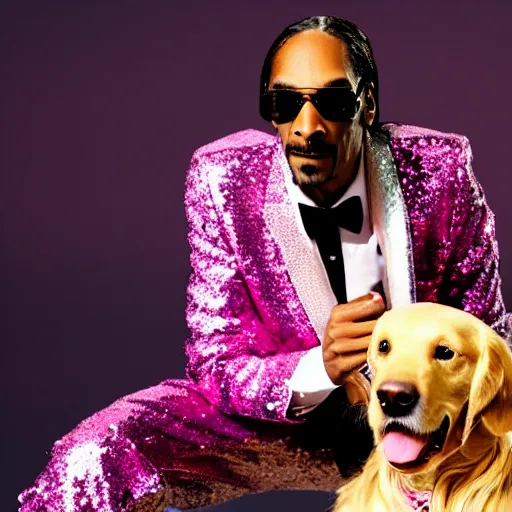 Image similar to Snoop Dogg any sparkly pink sequin jacket petting a golden retriever on a beach at night