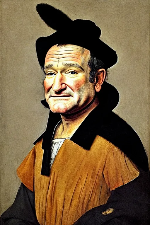 Prompt: high quality celebrity portrait of robin williams, painted by the old dutch masters, rembrandt, hieronymous bosch, frans hals, symmetrical detail