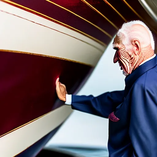 Image similar to wrinkled hunchbacked old man in musty burgundy suit, polishing painting the side of a huge gold plated mega yacht with a cloth, maintenance photo