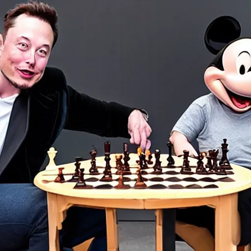 Image similar to elon musk playing chess with mickey mouse
