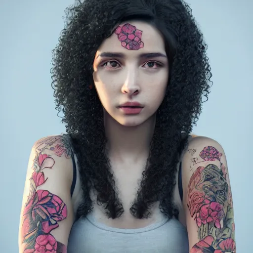 Image similar to portrait of a young lady with curly black hair with tattoo of a flower on her neck, round face, big brown eyes, picture, hyperrealistic, focused, hyper realistic, ultra detailed, octane render, volumetric lighting, 8 k post - production