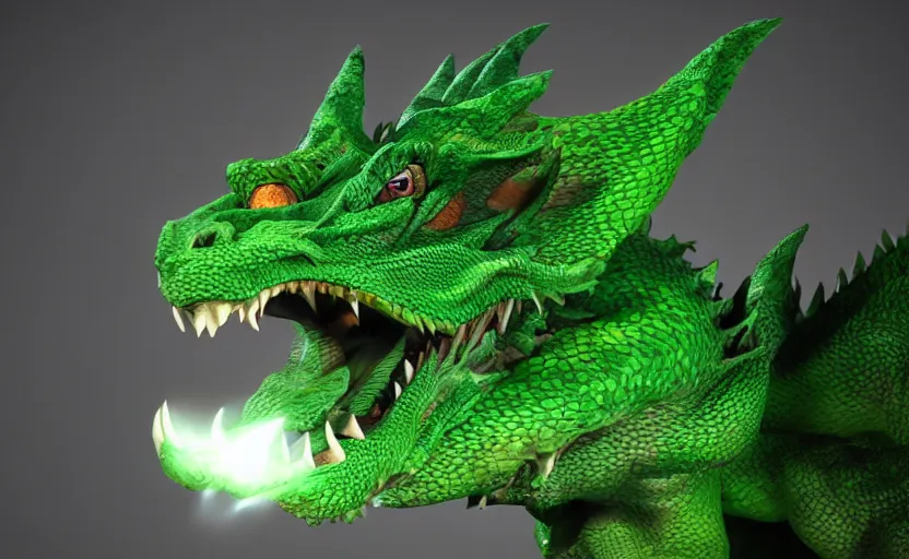 Prompt: green dragon, smiling, studio shot, volumetric lighting