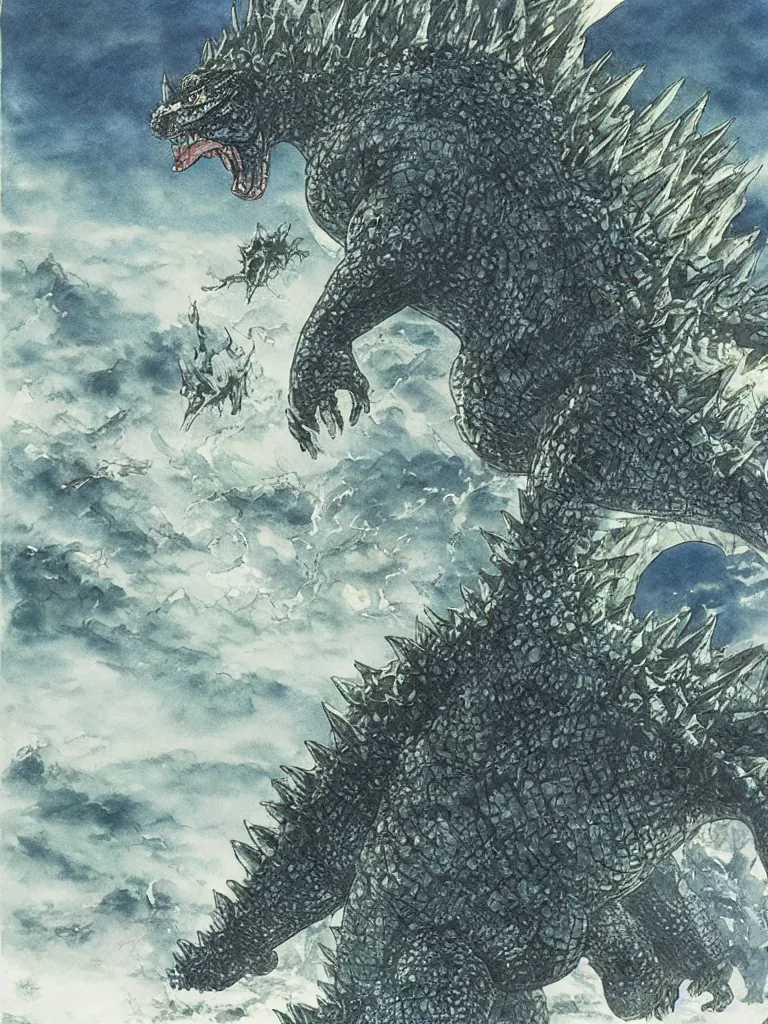 Prompt: Godzilla emerging from the sea to destroy a city as illustrated by Yoshitaka Amano. 1991. Watercolor and Acrylic on Paper