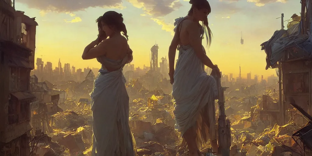 Image similar to seen from broken window!! garbage dump, city is pure wasteland, sunset in background, detailed characters, alphonse mucha, greg rutkowski, trending on artstation, artgerm, breathtaking, sharp focus, smooth, mark arian, award winning, highly detailed 4 k art