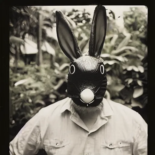 Image similar to grainy head to shoulder portrait Polaroid film photograph of a 1950's man wearing a rabbit mask in a tropical greenhouse. looking at the camera!!. super resolution. Extremely detailed. Polaroid 600 film. by Annie Leibovitz and Richard Avedon