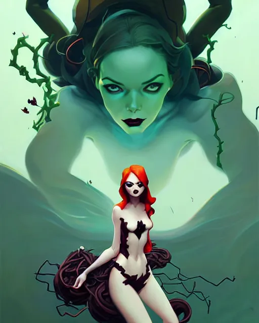 Image similar to peter mohrbacher, phil noto comicbook cover art, artgerm, emma stone poison ivy, vines, symmetrical eyes, city rooftop