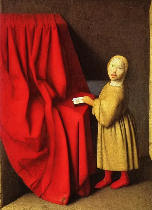 Image similar to red cloth and red shoes, medieval painting by jan van eyck, johannes vermeer