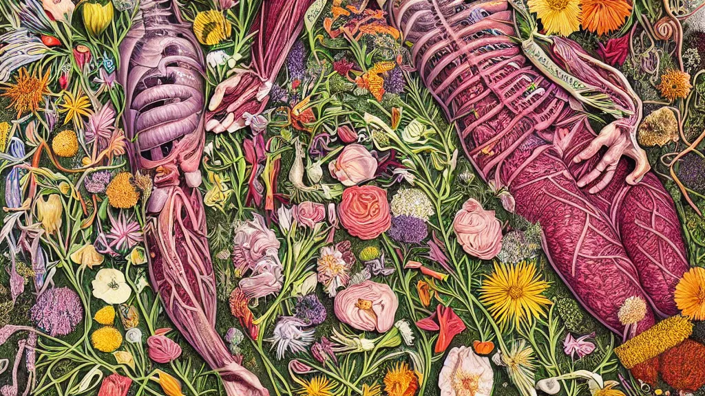 Prompt: highly detailed illustration of a human anatomy body exploded by all the known species of flowers by oliver vernon
