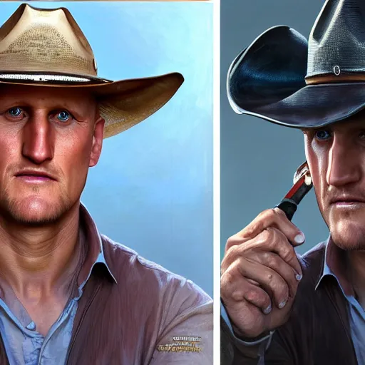 Image similar to portrait painting of woody harrelson, with a cowboy hat and bloody golf club, ultra realistic, concept art, intricate details, eerie, highly detailed, photorealistic, octane render, 8 k, unreal engine. art by artgerm and greg rutkowski and alphonse mucha