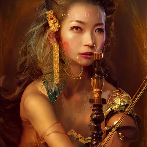Image similar to the portrait, masked female violinist, exotic costumes, gold jewelry, black hair ， illustration by wenjun lin, irakli nadar, bright colors, octopath traveler, wenjun lin, unreal engine 5 highly rendered, global illumination, radiant light, detailed and intricate environment