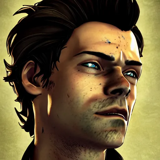 Image similar to harry styles portrait, borderlands, tales from the borderlands, the wolf among us, comic, cinematic lighting, studio quality, 8 k