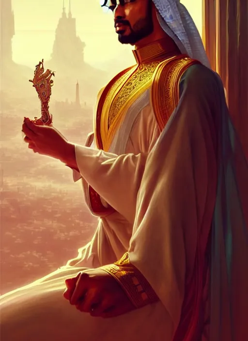 Prompt: king of saudi arabia playing video games, intricate, elegant, highly detailed, my rendition, digital painting, artstation, concept art, smooth, sharp focus, art by artgerm and greg rutkowski and alphonse mucha and uang guangjian and gil elvgren and sachin teng, symmetry!!