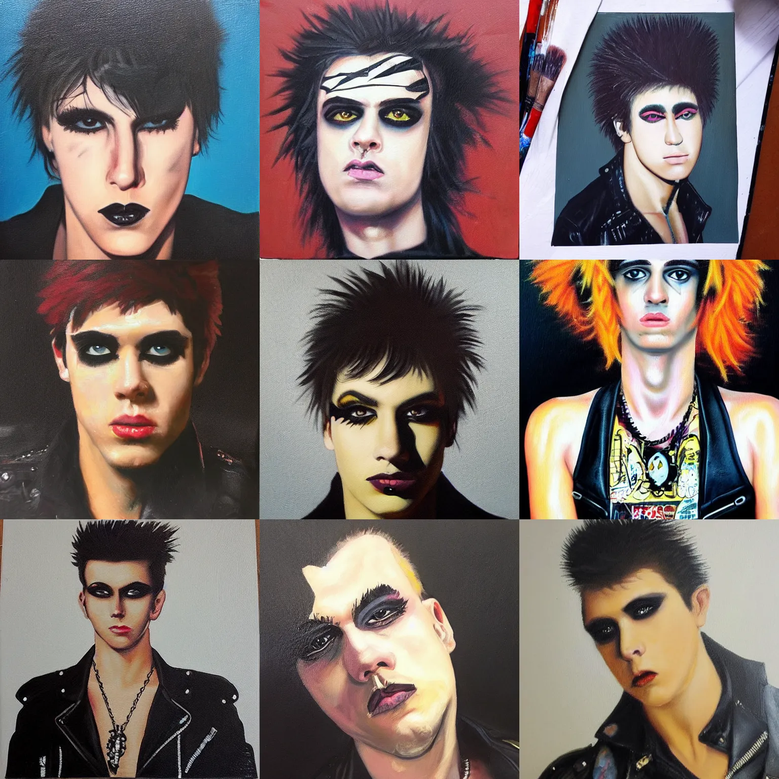 Prompt: “oil painting of a beautiful 80s punk rock young man wearing leather with black eyeliner”
