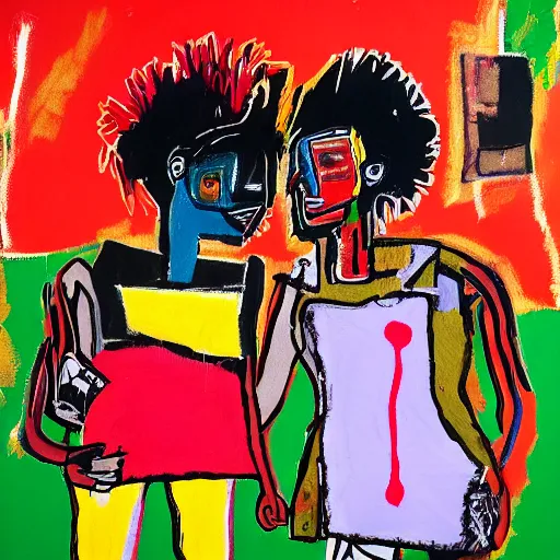 Prompt: a photograph of two girls holding hands while watching the world burn, done in the style of basquiat, akseli gallen kallela, highly detailed, 4 k