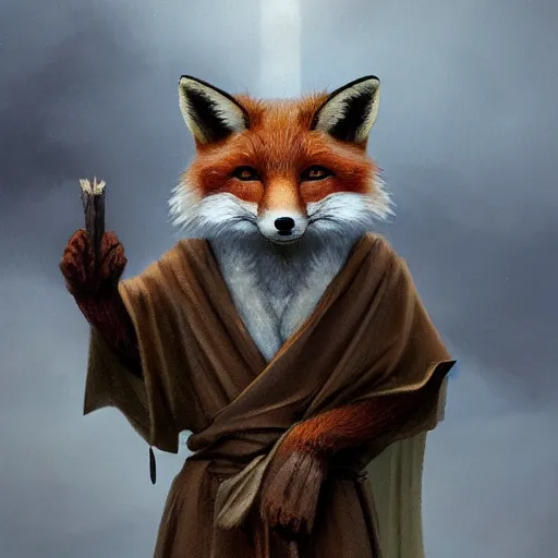 Image similar to an anthropomorphic fox in a robe overlooking a village in the moor, dramatic lighting, overcast weather, highlands, anthro fox in a robe, realistic furry, sharp focus, 8 k, artstation, artstation hq, greg rutkowski, gregory manchess