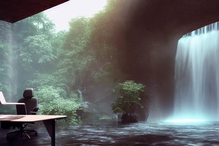 Image similar to , waterfalls, octane render, vray, dynamic lighting, a computer at desk