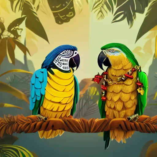 Image similar to parrots dressed in golden rings, necklaces and with caps on head, rapping and sitting on golden trees, rap scene, jungle concept art, trending on artstation, highly detailed, digital art, 8 k