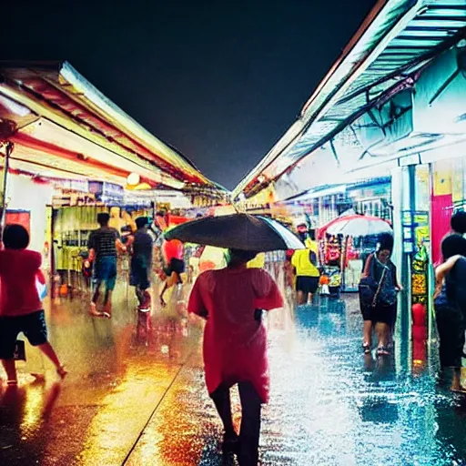 Prompt: A rainy night outside a Singaporean hawker centre, award-winning photography, cinematic lighting